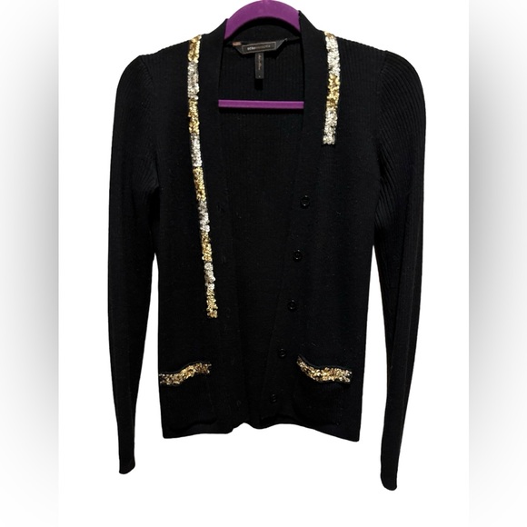 BCBGMAXAZRIA Gold Trim neck and pockets cardigan sweater | Size S - Picture 3 of 13